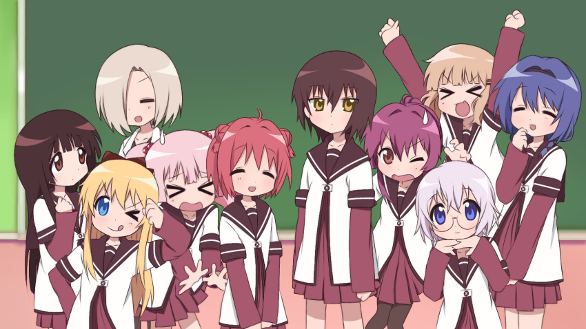 >_<, ahoge, akaza_akari, arms_at_sides, arms_up, blonde_hair, blue_eyes, blue_hair
