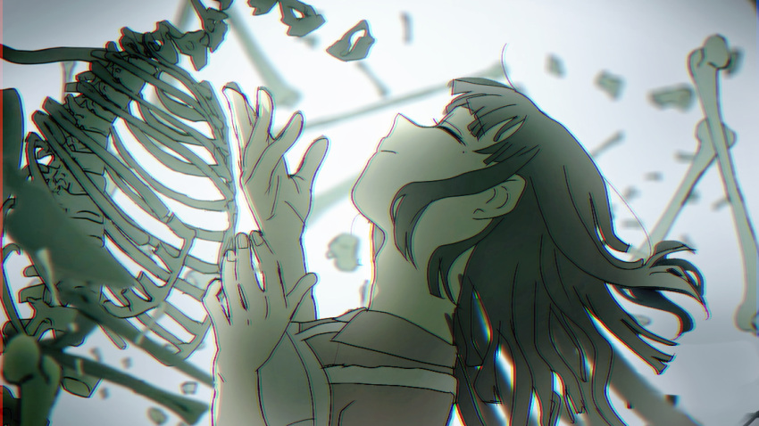 1girl, apron, bangs, blunt_bangs, blurry, bone, choko_(rsw), chromatic_aberration