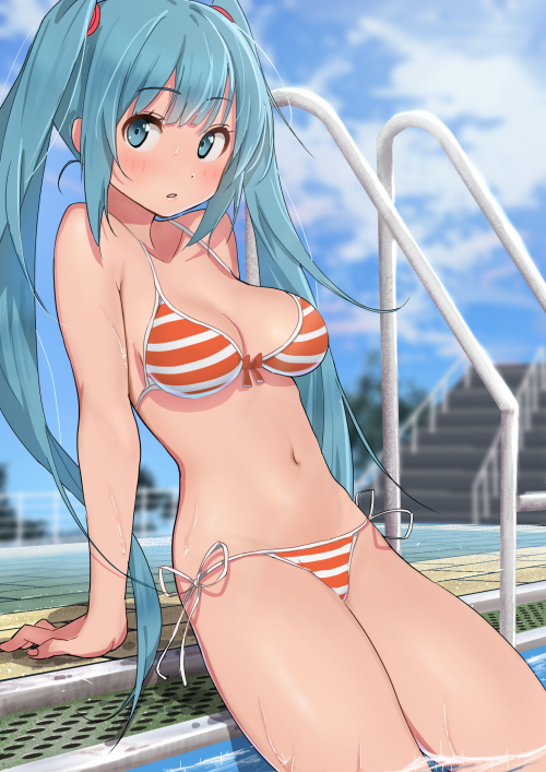 1girl, bangs, bikini, blue_eyes, blue_hair, blush, breasts, clouds