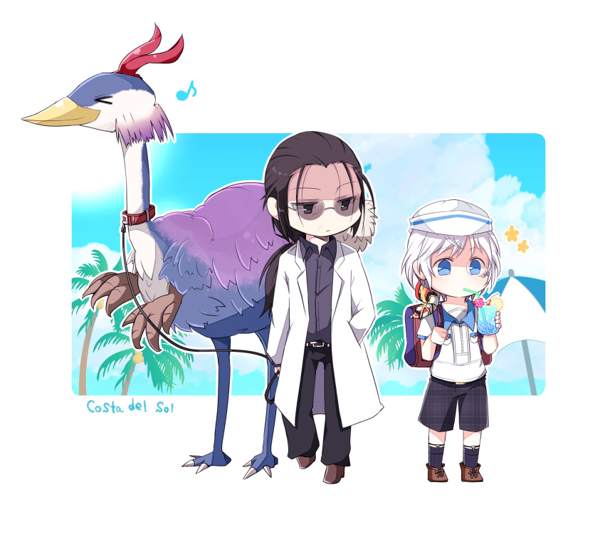 2boys, backpack, bag, bird, black_hair, blue_eyes, blue_sky, chadley_(ff7), drink, final_fantasy, final_fantasy_vii, final_fantasy_vii_remake, glasses, highres, labcoat, leash, looking_at_another, multiple_boys, nanao_(zonzonsh), palm_tree, ponytail, professor_houjou, shorts, silver_hair, sky, tree