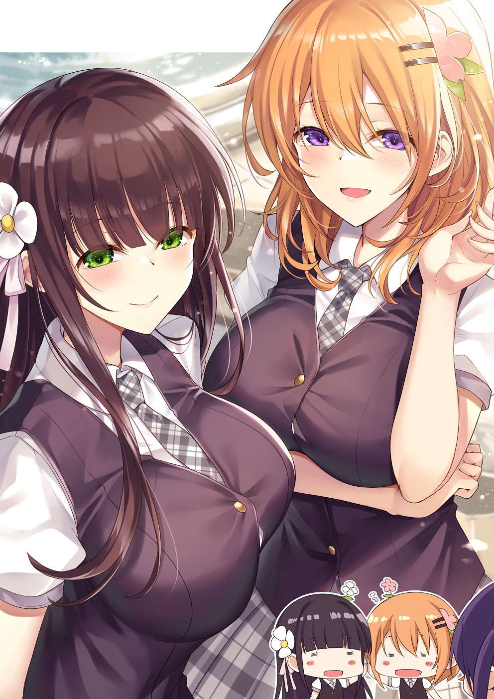 2girls, :d, alternate_breast_size, arm_under_breasts, bangs, blunt_bangs, blush_stickers, breasts, brown_hair, chibi, chibi_inset, closed_mouth, collared_shirt, eyebrows_visible_through_hair, flower, fountain, from_behind, gochuumon_wa_usagi_desu_ka?, green_eyes, grey_neckwear, grey_skirt, hair_between_eyes, hair_flower, hair_ornament, hairclip, hand_up, highres, hoto_cocoa, imagining, ks_(xephyrks), large_breasts, looking_at_viewer, multiple_girls, necktie, older, open_mouth, orange_hair, outdoors, outside_border, plaid, plaid_neckwear, plaid_skirt, purple_hair, school_uniform, shirt, short_sleeves, skirt, smile, standing, taut_clothes, taut_vest, tedeza_rize, tedeza_rize's_school_uniform, twintails, ujimatsu_chiya, upper_body, vest, violet_eyes, waistcoat, white_shirt
