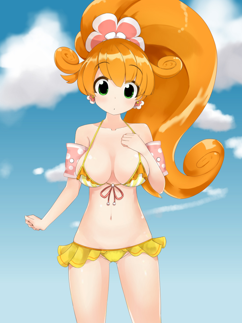 bangs, bare_shoulders, bikini, breasts, breasts_apart, clouds, collarbone, curly_hair
