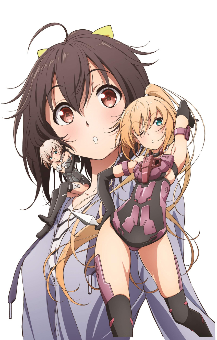 3girls, absurdres, ahoge, arm_strap, arm_up, armpits, black_gloves, black_legwear