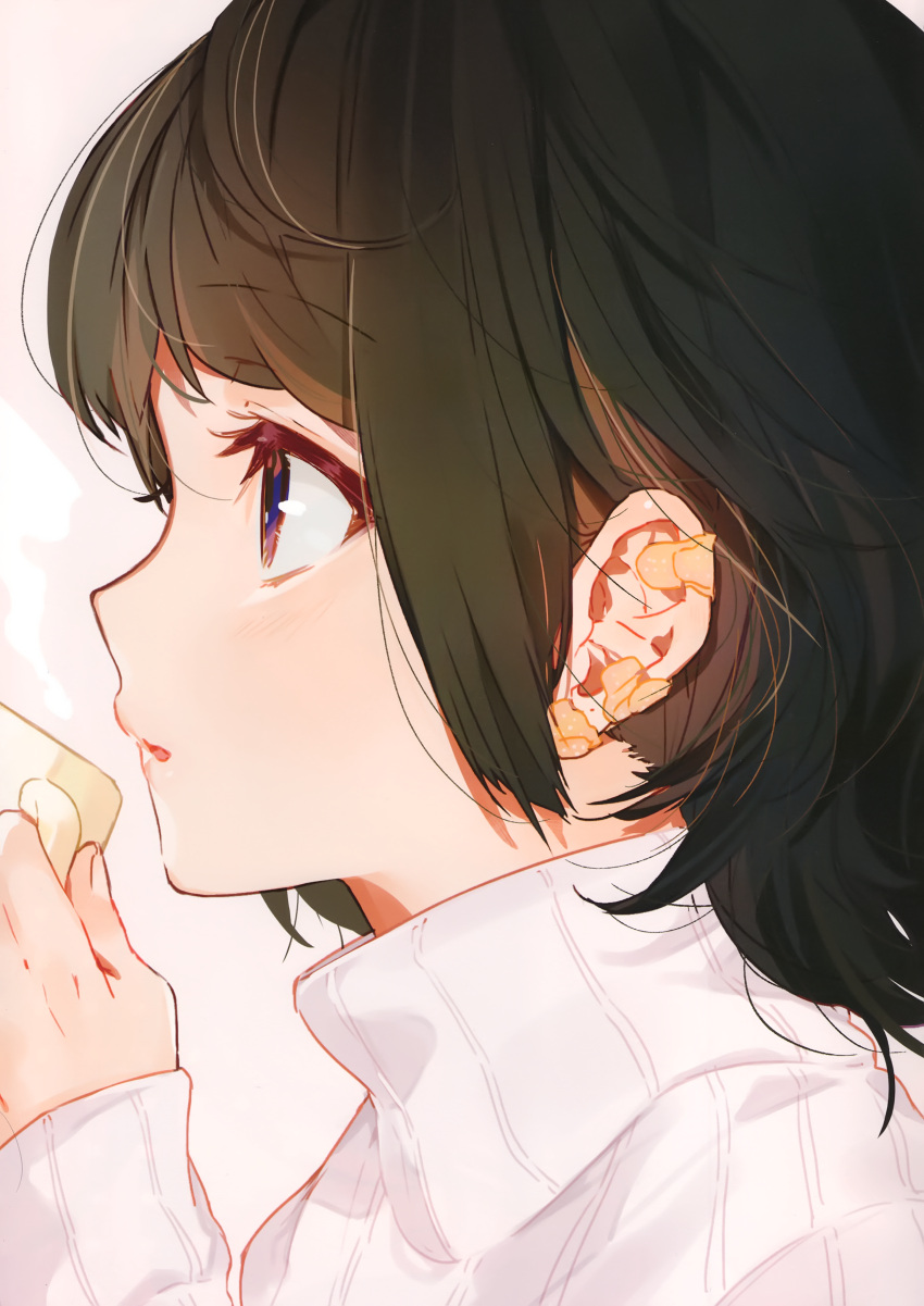 1girl, absurdres, bandaid_on_ear, brown_hair, cup, from_side, highres, holding, holding_cup, long_sleeves, medium_hair, mika_pikazo, mug, original, parted_lips, portrait, ribbed_sweater, solo, sweater, violet_eyes, white_sweater