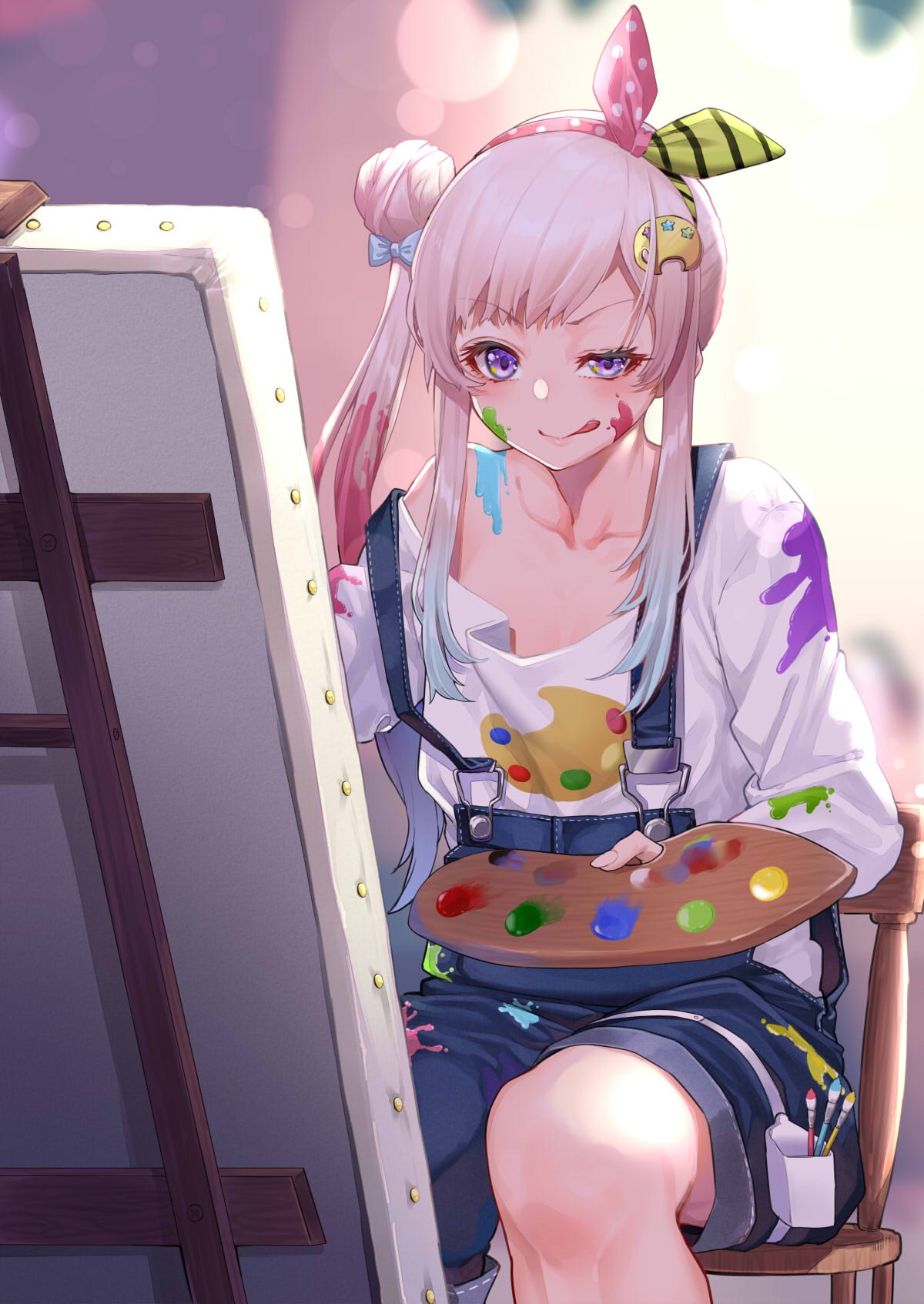 1girl, :q, airani_iofifteen, bangs, canvas_(object), eyebrows_visible_through_hair, gradient_hair, hair_ornament