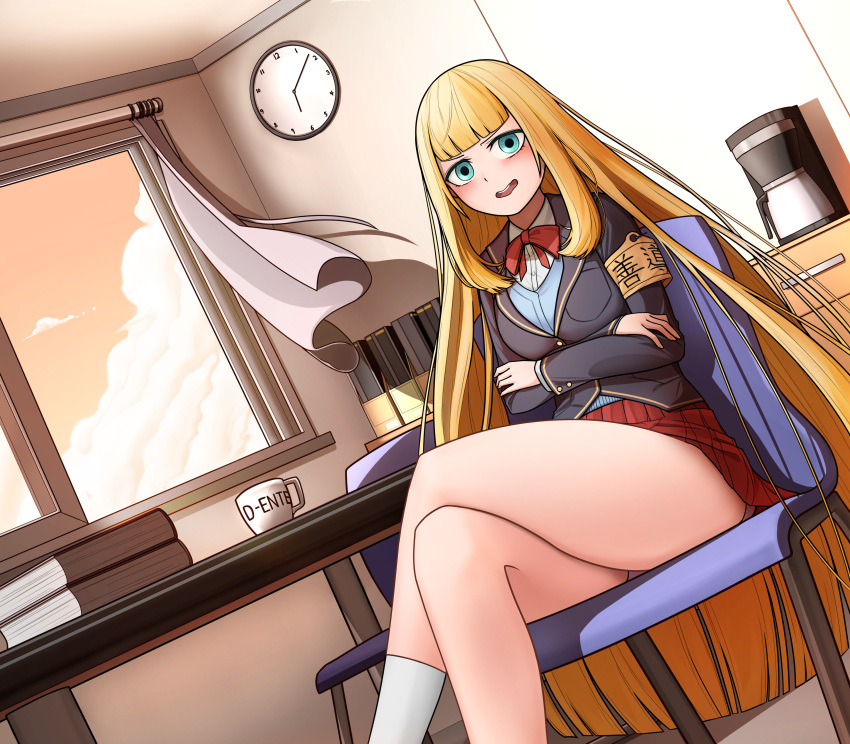 1girl, absurdres, armband, bangs, blazer, blonde_hair, blue_eyes, blue_rabbit_(pixiv_8508869)