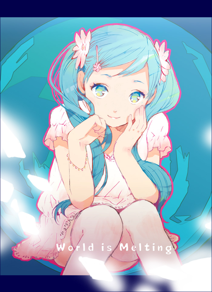 blue_eyes, blue_hair, blush, flower, hatsune_miku, long_hair, melt_(vocaloid), pink_legwear