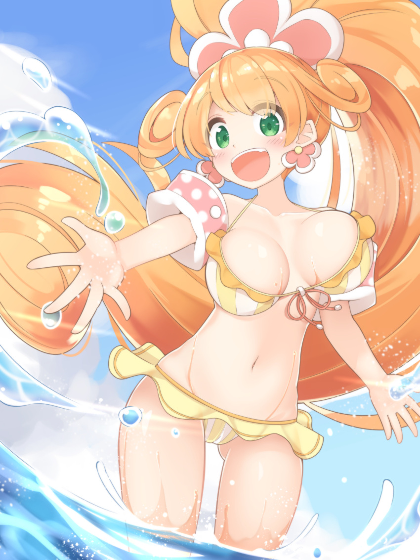 1girl, ass_visible_through_thighs, bangs, bare_shoulders, blush, breasts, breasts_apart, clouds