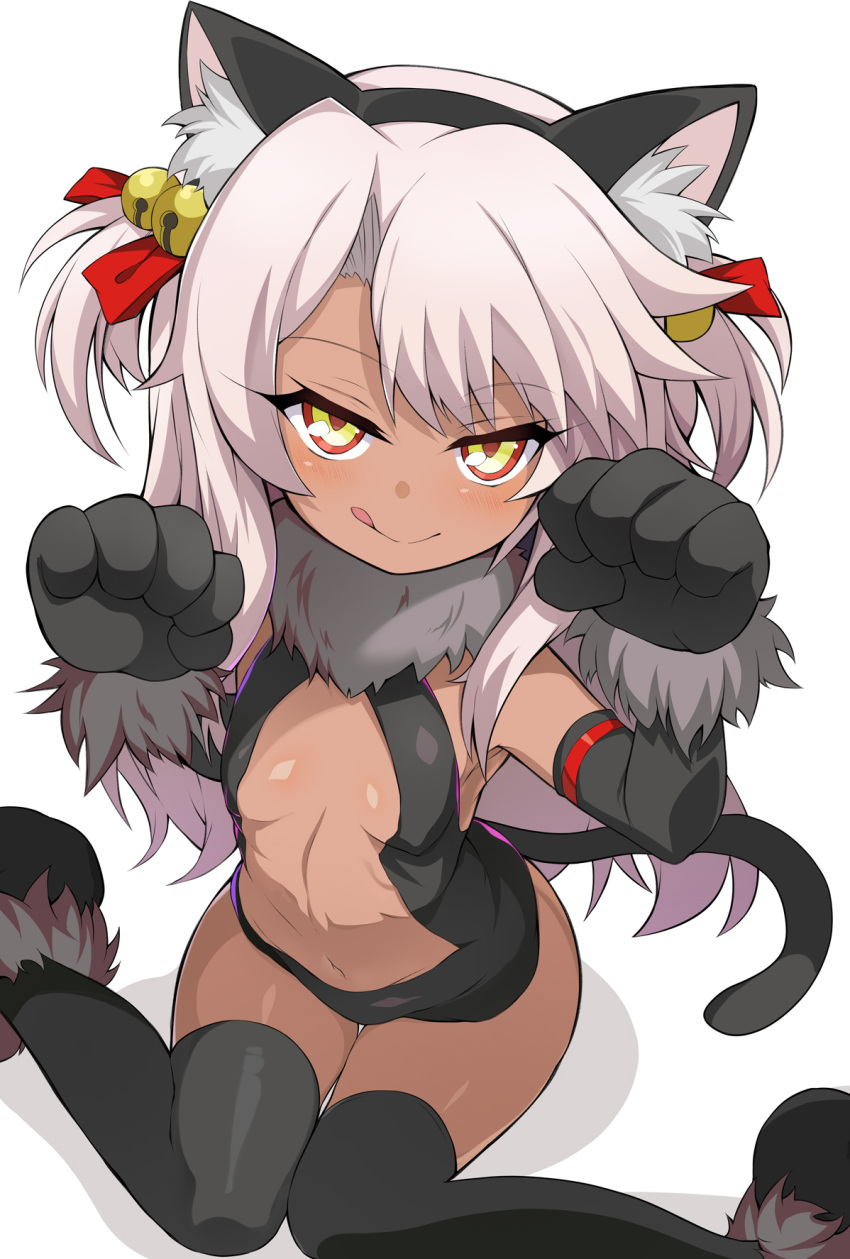 1girl, animal_ears, bangs, bare_shoulders, bell, black_gloves, black_legwear, black_leotard