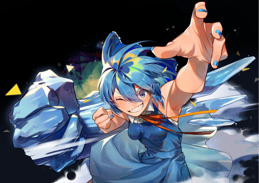 1girl, :d, adapted_costume, ahoge, arm_up, armpits, bangs, black_background