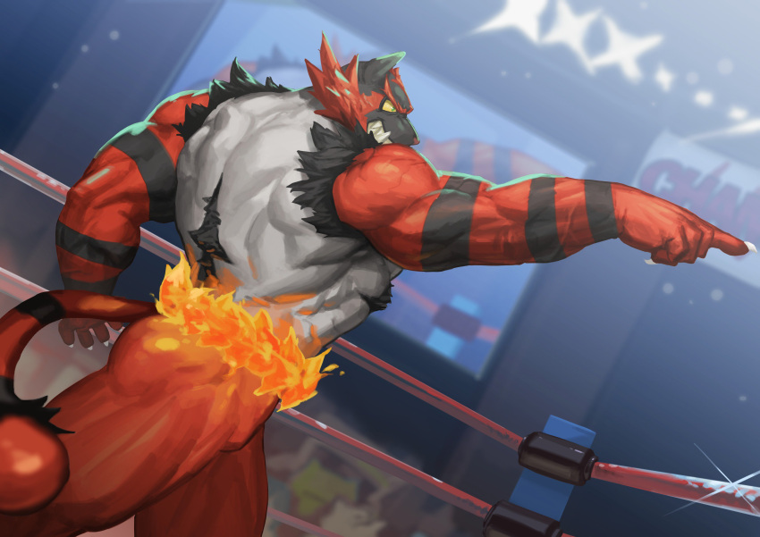 absurdres, black_fur, blurry, blurry_background, claws, clenched_teeth, commentary_request, dutch_angle, fire, furry, gen_7_pokemon, green_eyes, hand_up, highres, incineroar, korean_commentary, monitor, pointing, pokemon, pokemon_(creature), sharp_teeth, sparkle, standing, tail, teeth, traver009, wrestling_ring, yellow_sclera