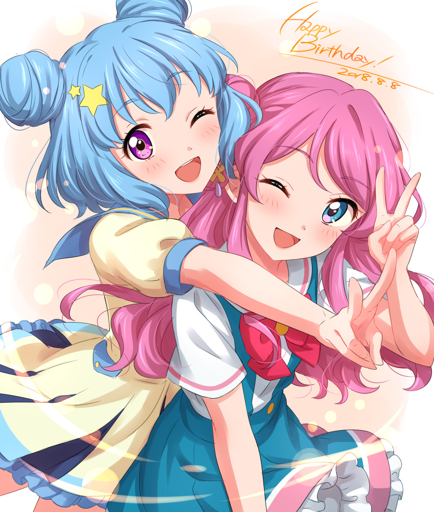2girls, ;d, absurdres, aikatsu!_(series), aikatsu_friends!, aikatsu_stars!, bangs, blue_eyes