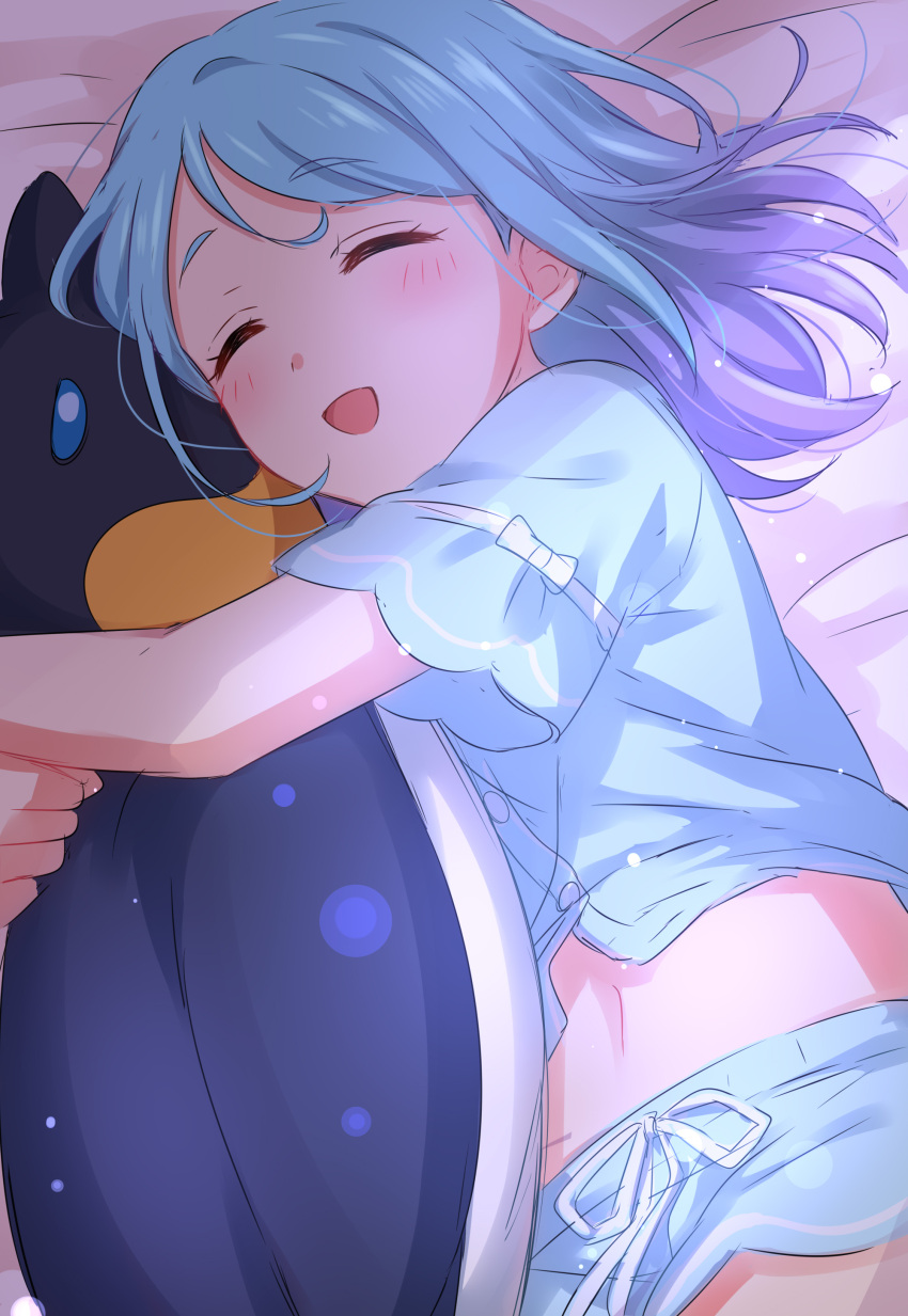 1girl, :d, absurdres, aikatsu!_(series), aikatsu_friends!, bed_sheet, blue_hair, blue_shirt, blush, bow, closed_eyes, eyebrows_visible_through_hair, gradient_hair, highres, hug, lens_flare, lying, minato_mio, multicolored_hair, navel, on_bed, open_mouth, pajamas, penne_(aikatsu_friends!), purple_hair, sekina, shirt, short_hair, short_shorts, short_sleeves, shorts, smile, solo