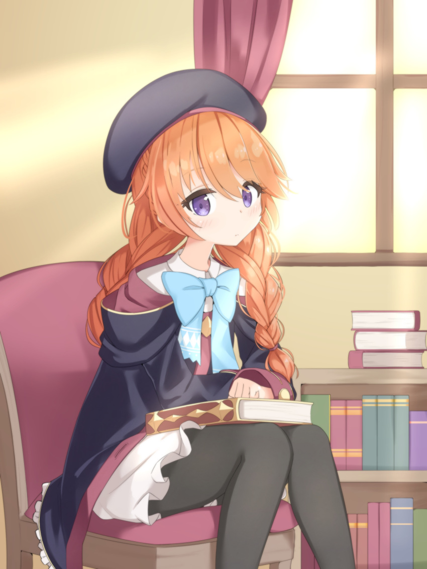 1girl, bangs, beret, black_coat, black_headwear, blue_bow, blush, book