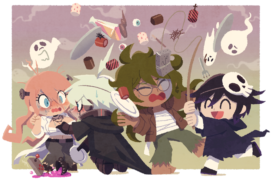 1girl, 3boys, ^_^, ahoge, bandages, barefoot, belt, belt_buckle