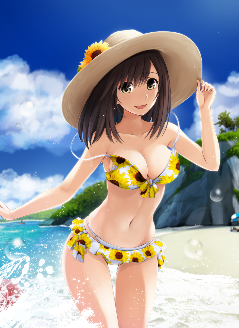 1girl, :d, adjusting_clothes, adjusting_headwear, bangs, bare_arms, bare_shoulders, beach