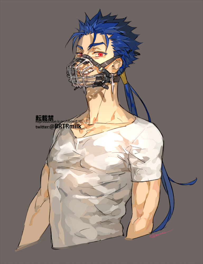 1boy, artist_name, bangs, blue_hair, brown_background, collarbone, commentary_request, cropped_torso