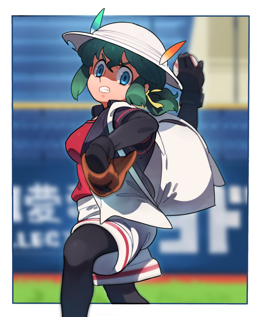 1girl, arm_up, backpack, bag, ball, bangs, baseball, baseball_mitt