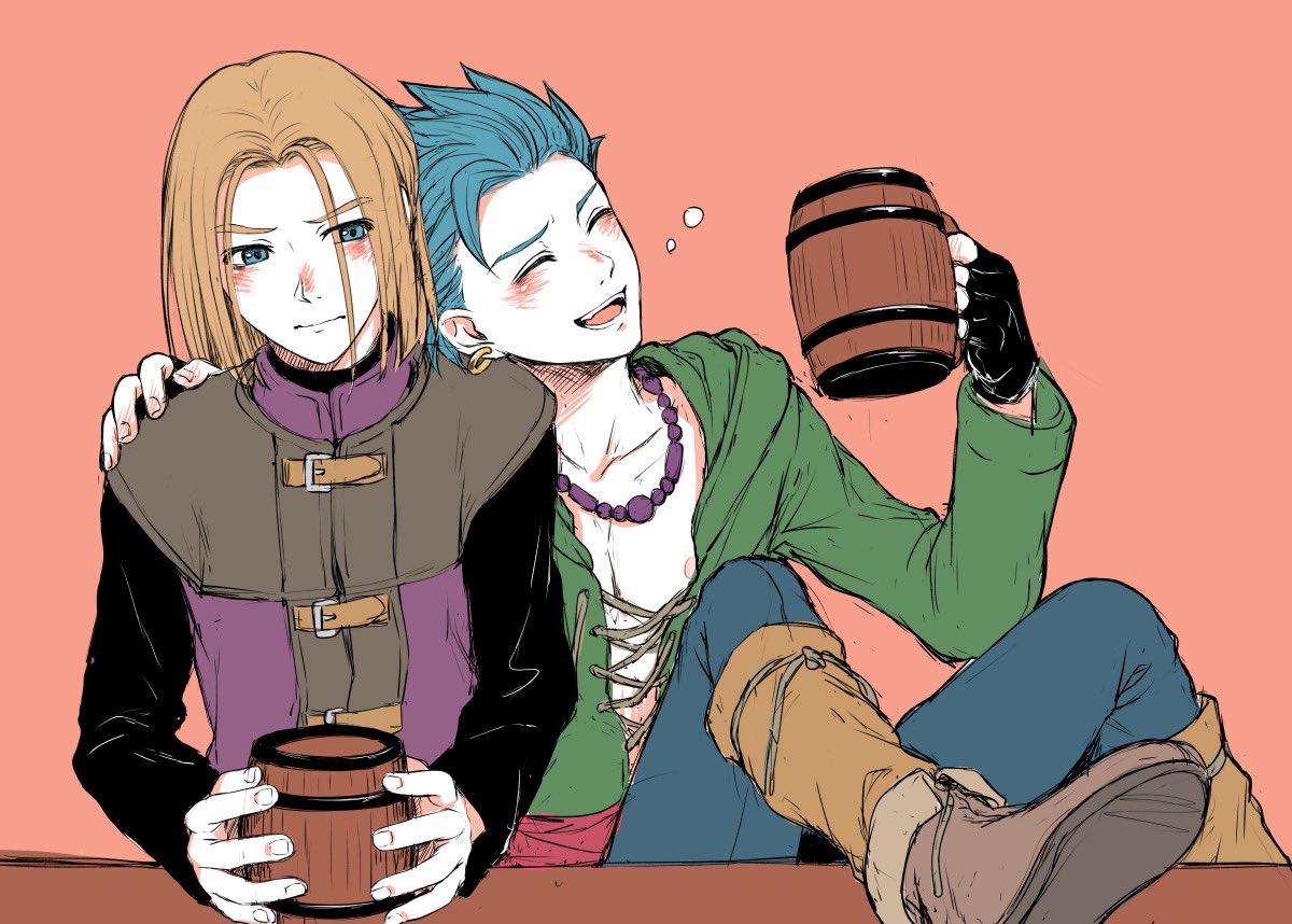 2boys, alcohol, bangs, beer, beer_mug, black_gloves, blue_eyes, blue_hair