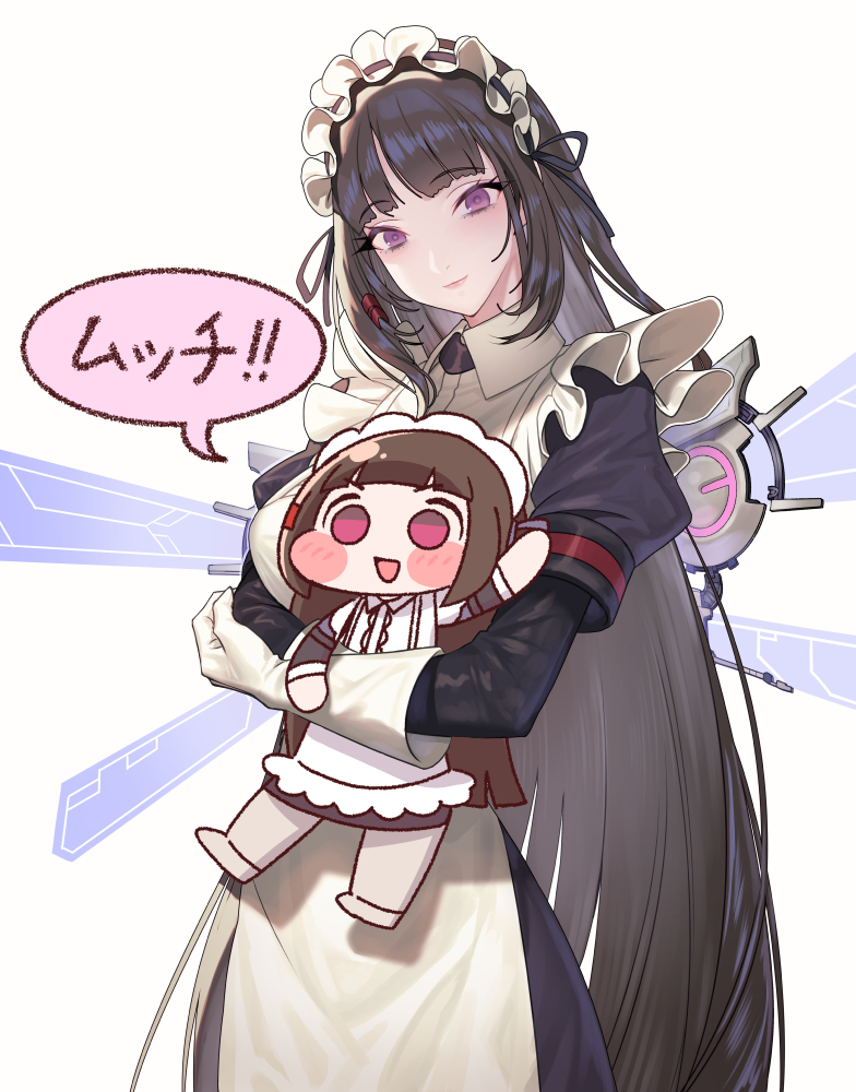 2girls, apron, bangs, brown_hair, chibi, eyebrows_visible_through_hair, kagimiya_mello, last_origin, long_hair, long_sleeves, looking_at_viewer, maid, maid_headdress, minigirl, multiple_girls, puffy_long_sleeves, puffy_sleeves, scissors_lise, smile, very_long_hair, violet_eyes, wings