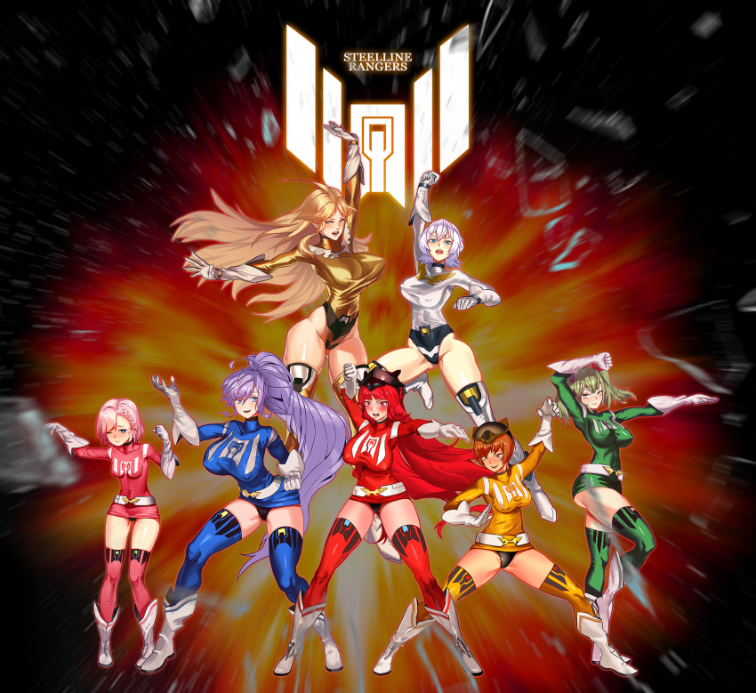 10million, 6+girls, blue_legwear, breasts, brown_hair, c-77_redhood, dress, english_text