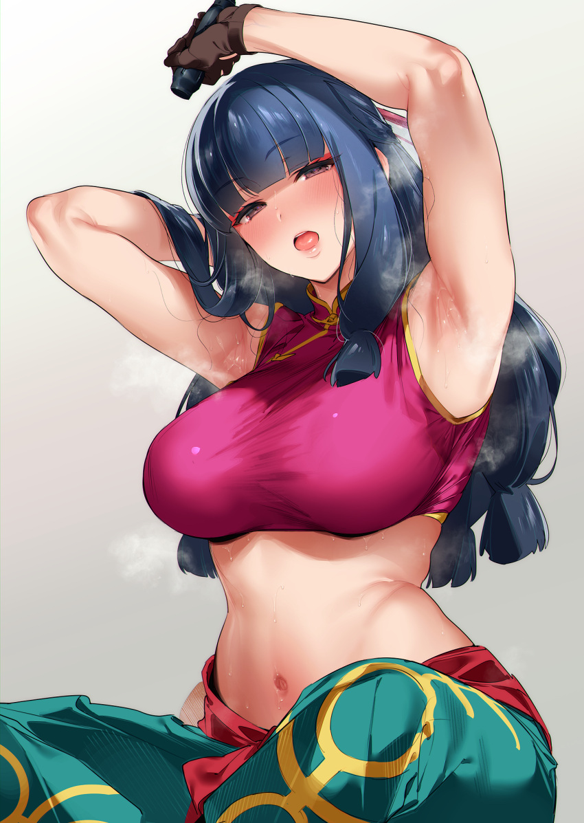 1girl, appare-ranman!, armpits, arms_up, bangs, black_hair, blunt_bangs, breasts
