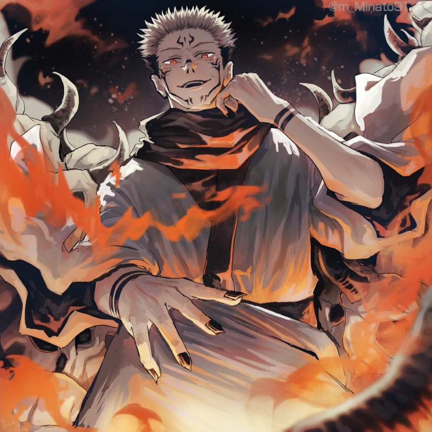 1boy, black_background, black_nails, black_scarf, brown_hair, commentary_request, cowboy_shot, extra_eyes