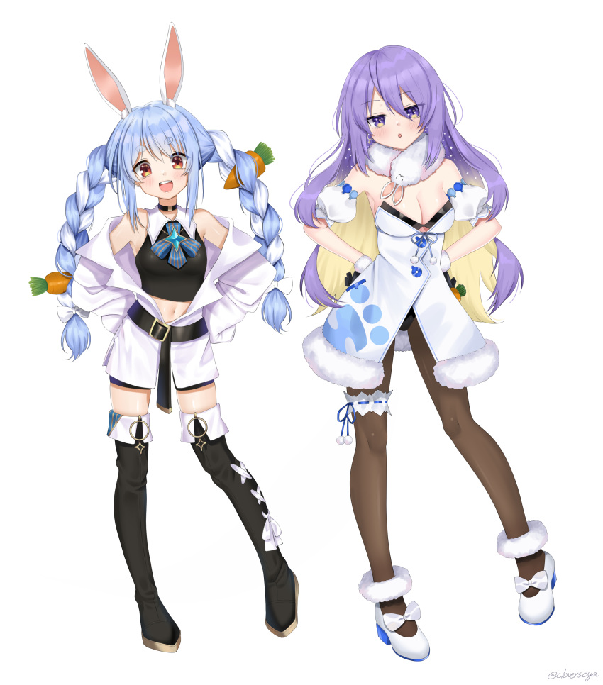 2girls, absurdres, alternate_costume, animal_ears, belt, bike_shorts, black_choker, black_footwear, black_shirt, blonde_hair, blue_hair, blue_ribbon, boots, bow, braid, breasts, brown_legwear, carrot, carrot_print, choker, clover_(cloversoya), commentary, contrapposto, cosplay, costume_switch, crop_top, detached_sleeves, don-chan_(usada_pekora), dress, food_in_pocket, food_on_hair, food_print, full_body, fur-trimmed_dress, fur_trim, gradient_eyes, hair_bow, hands_on_hips, highres, hololive, hololive_indonesia, jacket, knees, leotard_under_clothes, long_hair, looking_at_viewer, medium_breasts, moona_hoshinova, multicolored, multicolored_eyes, multicolored_hair, multiple_girls, navel, off-shoulder_jacket, open_clothes, open_jacket, open_mouth, pantyhose, parted_lips, playboy_bunny, pom_pom_(clothes), purple_hair, rabbit_ears, ribbon, ribbon-trimmed_garter, shirt, shoe_bow, shoes, short_sleeves, sidelocks, simple_background, single_garter, sleeves_past_fingers, sleeves_past_wrists, small_breasts, starry_hair, strapless, strapless_dress, thick_eyebrows, thigh-highs, thigh_boots, tsurime, twin_braids, twintails, two-tone_hair, usada_pekora, very_long_hair, violet_eyes, virtual_youtuber, white_background, white_bow, white_dress, white_footwear, white_hair, white_sleeves, yellow_eyes, zettai_ryouiki