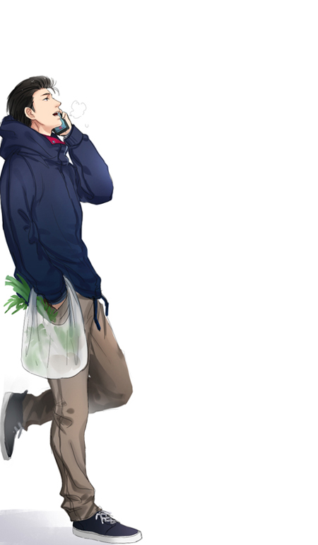 1boy, bag, black_footwear, black_hair, blue_jacket, breath, brown_pants, cellphone