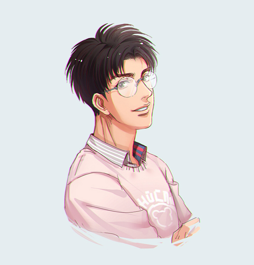 1boy, black_eyes, black_hair, casual, clothes_writing, collared_shirt, commentary_request, cropped_torso