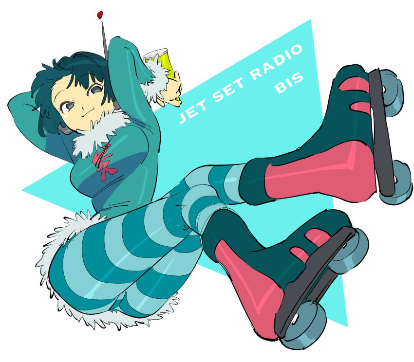 1girl, aqua_eyes, aqua_sweater, arms_up, asian, ass, bangs, bis