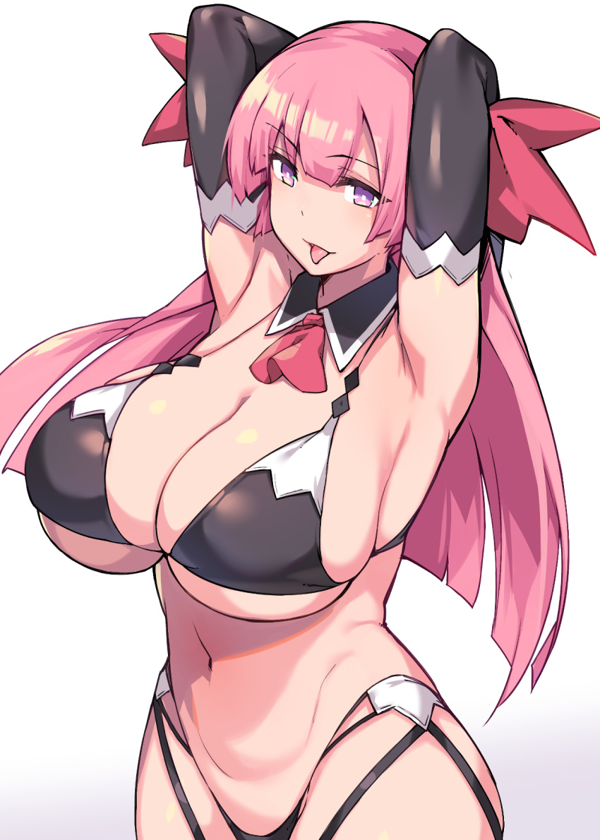 1girl, armpits, ascot, bikini, black_bikini, black_gloves, bow, breasts, bright_pupils, brll, copyright_request, cowboy_shot, detached_collar, elbow_gloves, eyebrows_visible_through_hair, gloves, hair_bow, hands_up, highleg, highleg_bikini, highres, huge_breasts, long_hair, looking_at_viewer, navel, pink_hair, red_bow, red_neckwear, simple_background, smile, solo, standing, swimsuit, tongue, tongue_out, violet_eyes, white_background, white_pupils