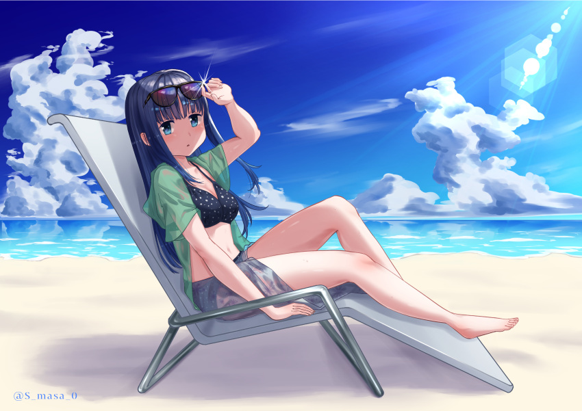 1girl, absurdres, barefoot, beach, bikini, blue_bikini, blue_eyes, blue_hair, blue_skirt, blue_sky, blush, chair, clouds, commentary_request, eyebrows_visible_through_hair, eyewear_lift, eyewear_on_head, green_shirt, highres, knee_up, lens_flare, long_hair, looking_at_viewer, lounge_chair, magia_record:_mahou_shoujo_madoka_magica_gaiden, mahou_shoujo_madoka_magica, nanami_yachiyo, ocean, s-masa_7131, sarong, see-through, see-through_shirt, see-through_skirt, shine, shirt, sitting, skirt, sky, solo, sunglasses, sunlight, sweat, swimsuit, thighs, twitter_username, water, watermark