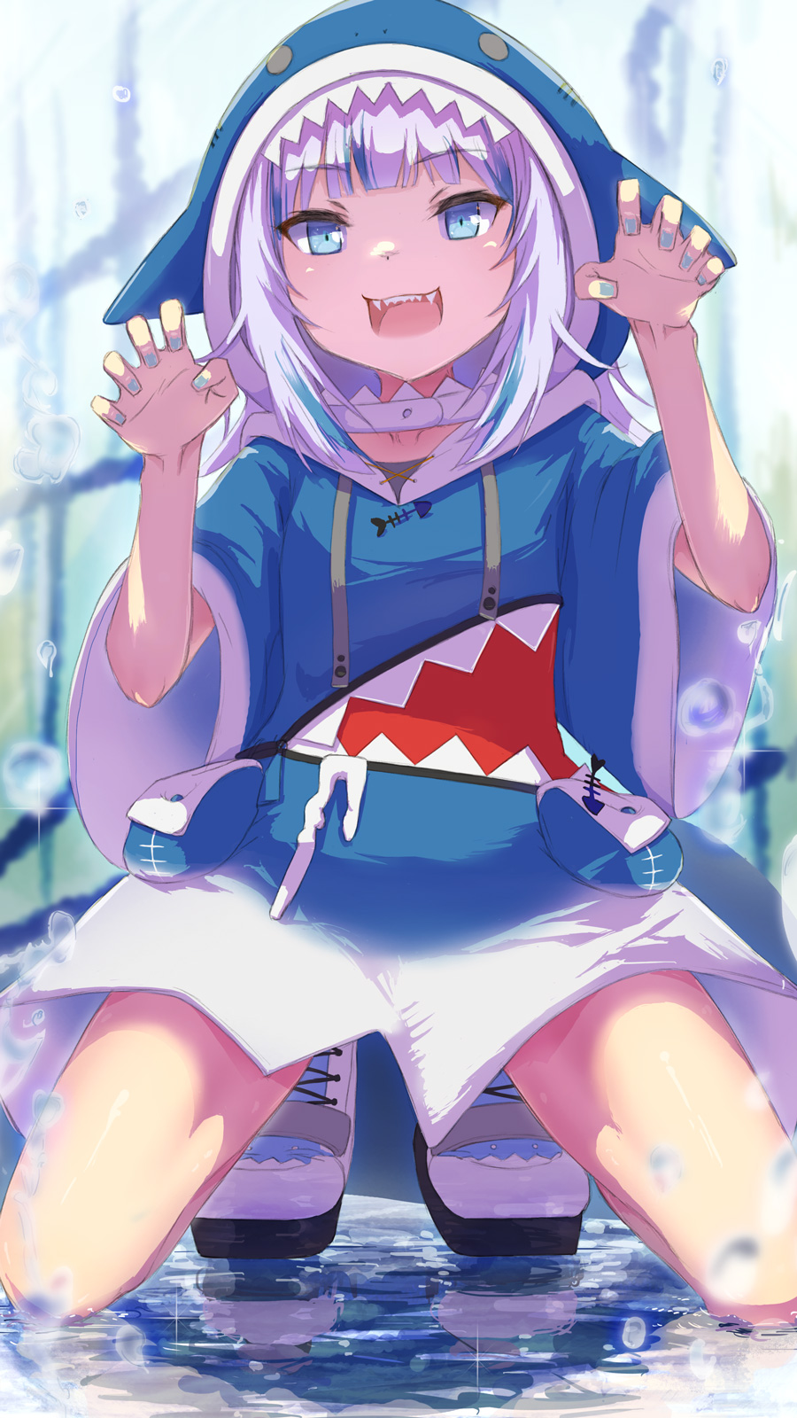 1girl, animal_hood, bare_legs, blue_eyes, blue_hair, eyes_visible_through_hair, gawr_gura, highres