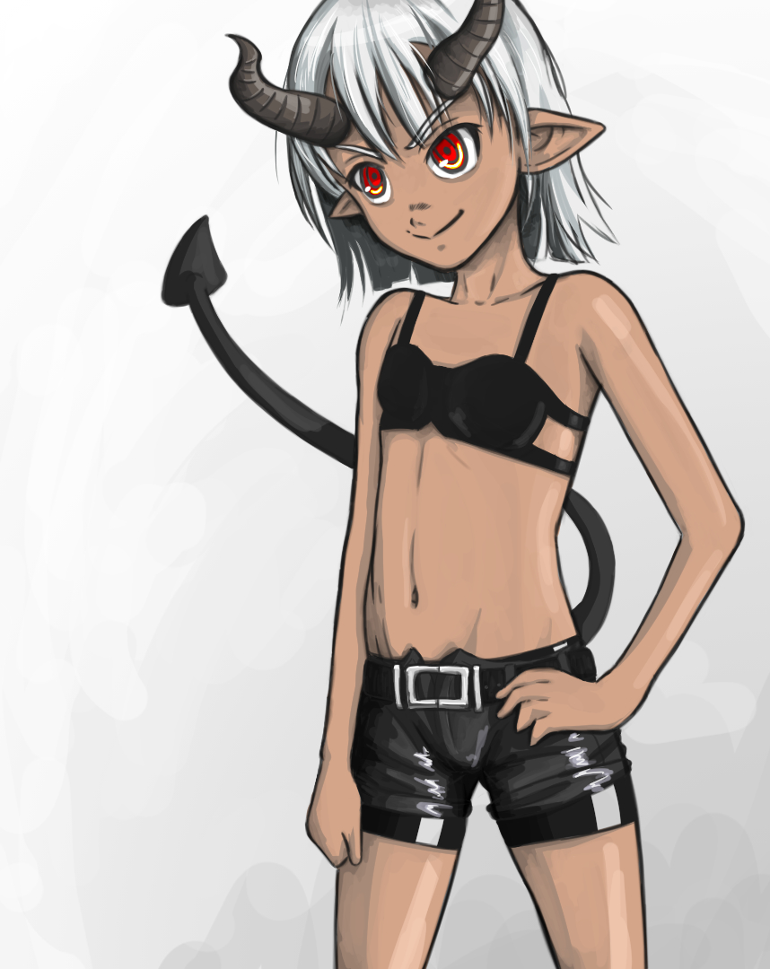 1girl, androth, belt, bike_shorts, bra, demon_girl, grey_hair, horns