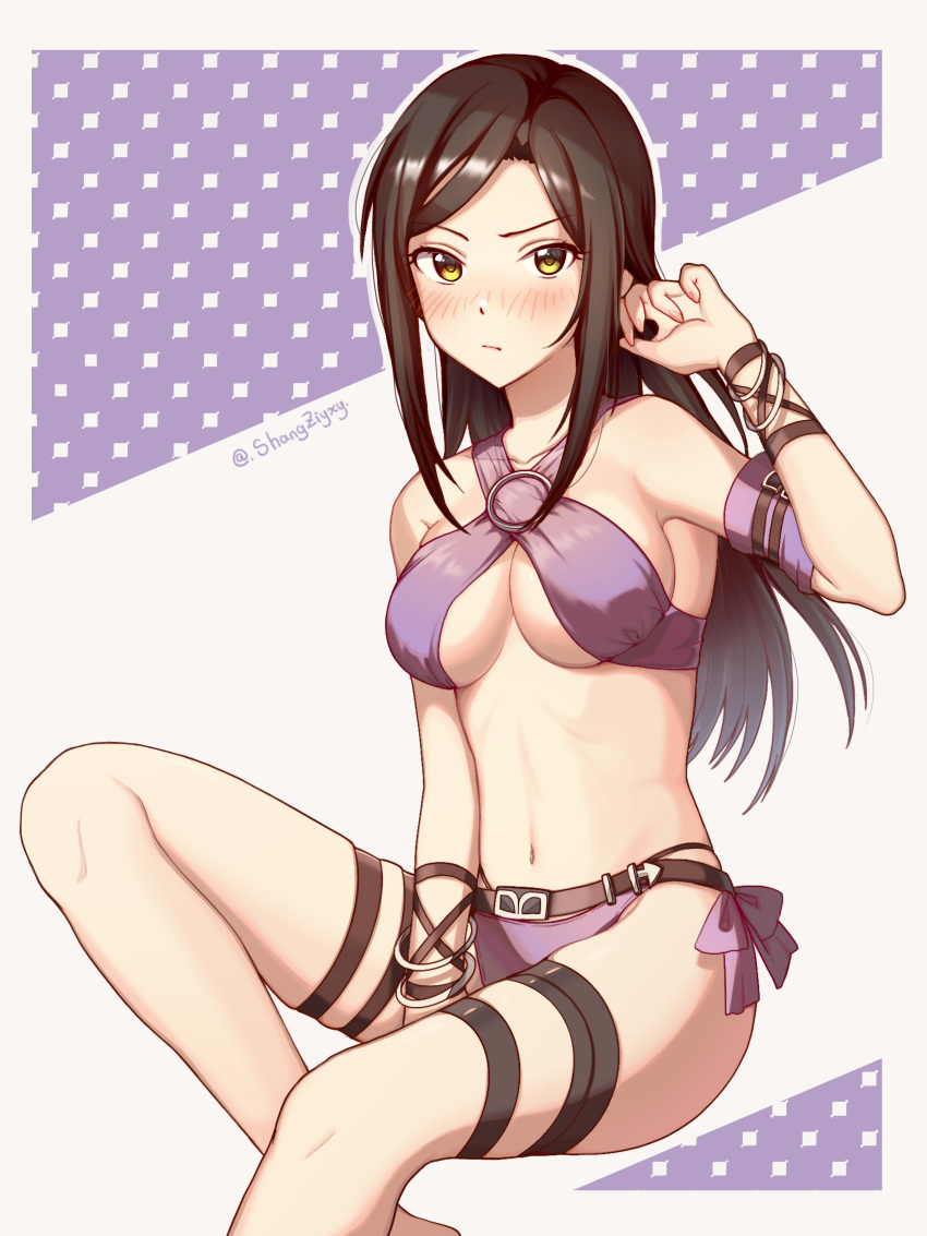 1girl, absurdres, arm_strap, bangs, bikini, black_hair, blush, bracelet