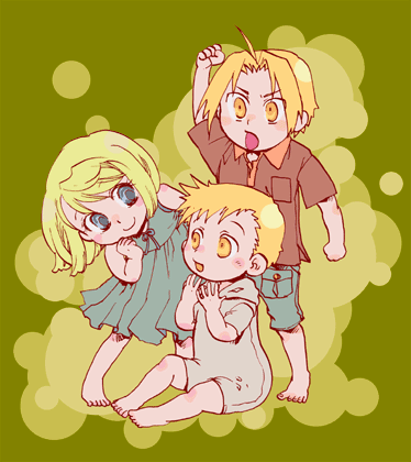 1girl, 2boys, alphonse_elric, annoyed, arm_at_side, arm_up, baby, barefoot, blonde_hair, blue_eyes, blush, blush_stickers, breast_pocket, clenched_hands, closed_mouth, collared_shirt, commentary_request, dot_nose, dress, edward_elric, eyebrows_visible_through_hair, eyelashes, frown, full_body, fullmetal_alchemist, green_background, green_dress, hand_on_own_face, hands_up, happy, hoshino_hitsuki, knee_blush, leaning, leaning_forward, looking_at_another, lowres, multiple_boys, nose_blush, on_floor, open_mouth, pocket, polka_dot, polka_dot_background, shiny, shiny_hair, shirt, short_hair, short_sleeves, shorts, simple_background, sitting, sleeveless, sleeveless_dress, smile, tareme, two-tone_background, winry_rockbell, yellow_background, yellow_eyes, younger