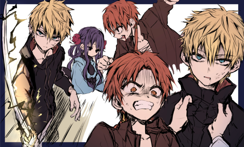 1girl, 2boys, akane_aoi, bangs, black_border, black_jacket, blonde_hair, blue_eyes