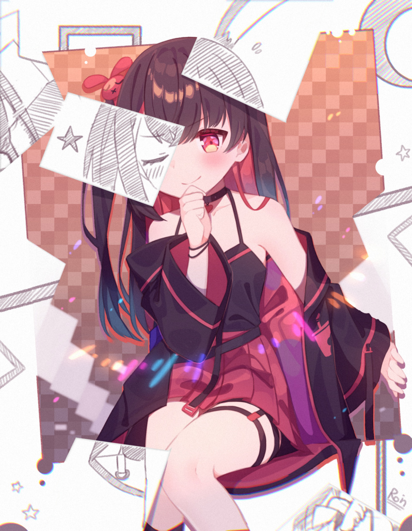 1girl, ;), bare_shoulders, black_camisole, black_choker, black_hair, black_sailor_collar, black_shirt
