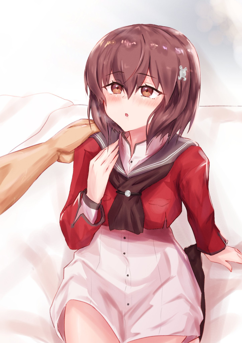 1girl, 1other, brown_eyes, brown_hair, brown_neckwear, commentary_request, cowboy_shot, dress