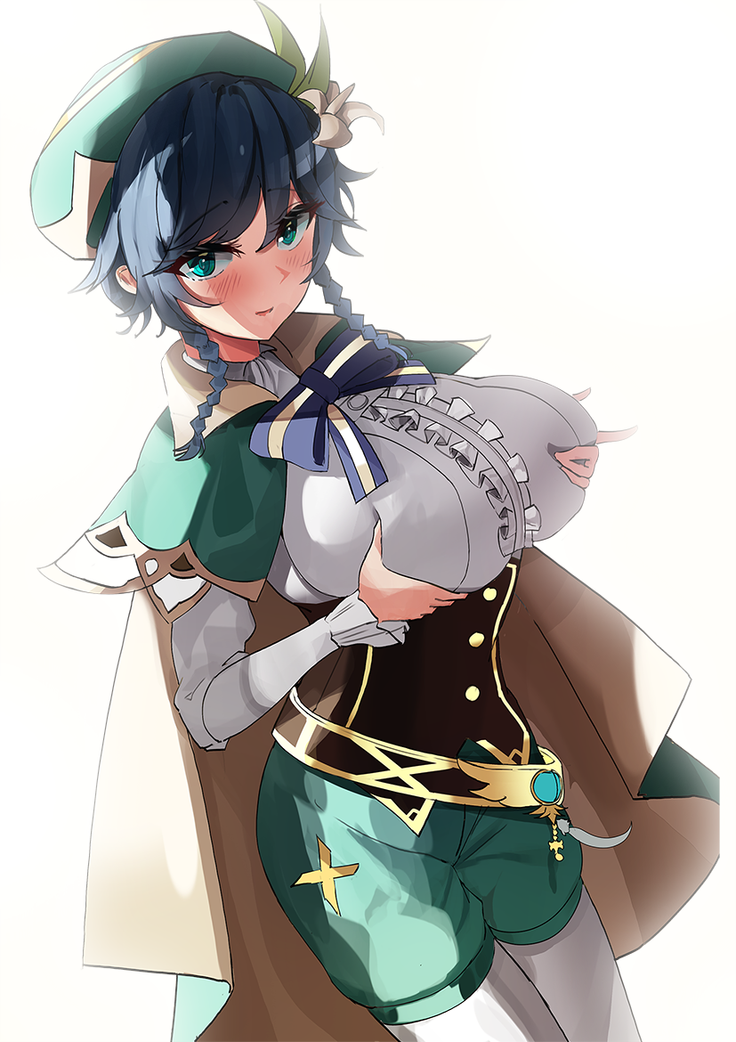 1girl, aqua_eyes, bangs, bard, blue_hair, blush, braid, breast_hold, breasts, cape, collared_capelet, eyebrows_visible_through_hair, flower, genderswap, genderswap_(mtf), genshin_impact, green_cape, green_headwear, green_shorts, hat, hat_flower, large_breasts, manu_(pixiv41646715), multicolored_hair, shorts, twin_braids, venti_(genshin_impact), white_background, white_legwear