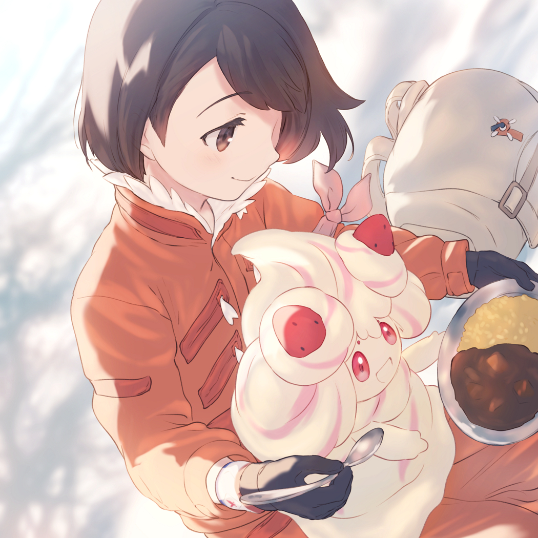 1girl, alcremie, arm_ribbon, bag, black_gloves, brown_eyes, brown_hair, closed_mouth, commentary_request, curry, dynamax_band, expedition_uniform, eyebrows_visible_through_hair, eyelashes, food, fur-trimmed_jacket, fur_trim, gen_8_pokemon, gloria_(pokemon), gloves, holding, holding_plate, holding_spoon, jacket, on_lap, orange_jacket, pink_ribbon, plate, pokemon, pokemon_(creature), pokemon_(game), pokemon_on_lap, pokemon_swsh, ribbon, rice, short_hair, smile, spoon, tukune, white_bag
