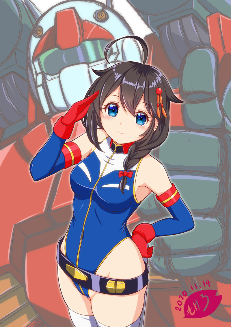 1girl, ahoge, artist_logo, belt, black_hair, blue_eyes, blue_leotard, braid