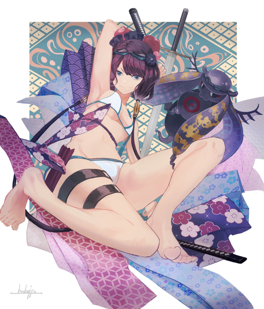 1girl, arm_above_head, armpits, artist_name, barefoot, bikini, breasts, fate/grand_order