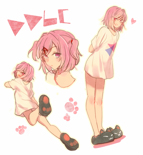 1girl, alternate_costume, arms_behind_back, casual, cat_slippers, copyright_name, doki_doki_literature_club, hair_down