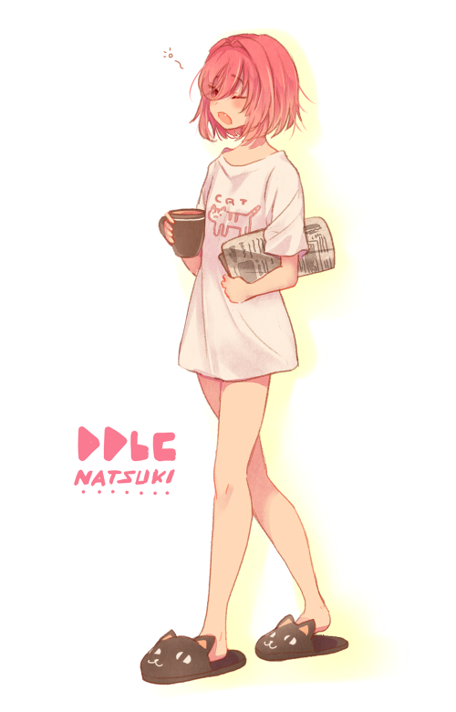 1girl, ;o, alternate_costume, bangs, casual, cat_slippers, character_name, clothes_writing