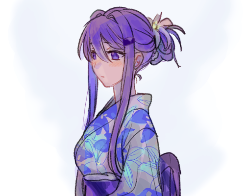 1girl, alternate_costume, bang, blush, doki_doki_literature_club, finger_gun, floral_print, flower, hair_flower, hair_ornament, hair_up, hairclip, japanese_clothes, kimono, lily_(flower), long_hair, looking_away, lowres, print_kimono, purple_hair, shibe, sidelocks, simple_background, solo, sora_(efr), upper_body, violet_eyes, white_background, yuri_(doki_doki_literature_club)