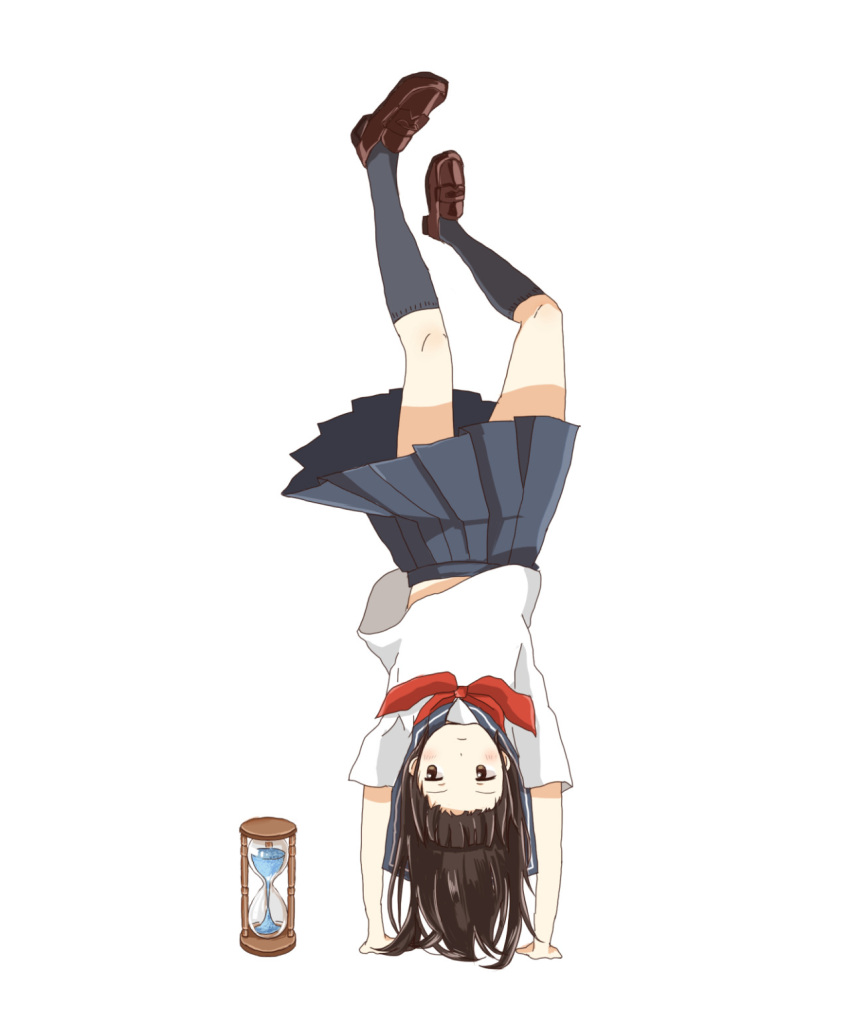 1girl, balancing, black_legwear, blue_sailor_collar, blue_skirt, blush, brown_eyes, brown_footwear