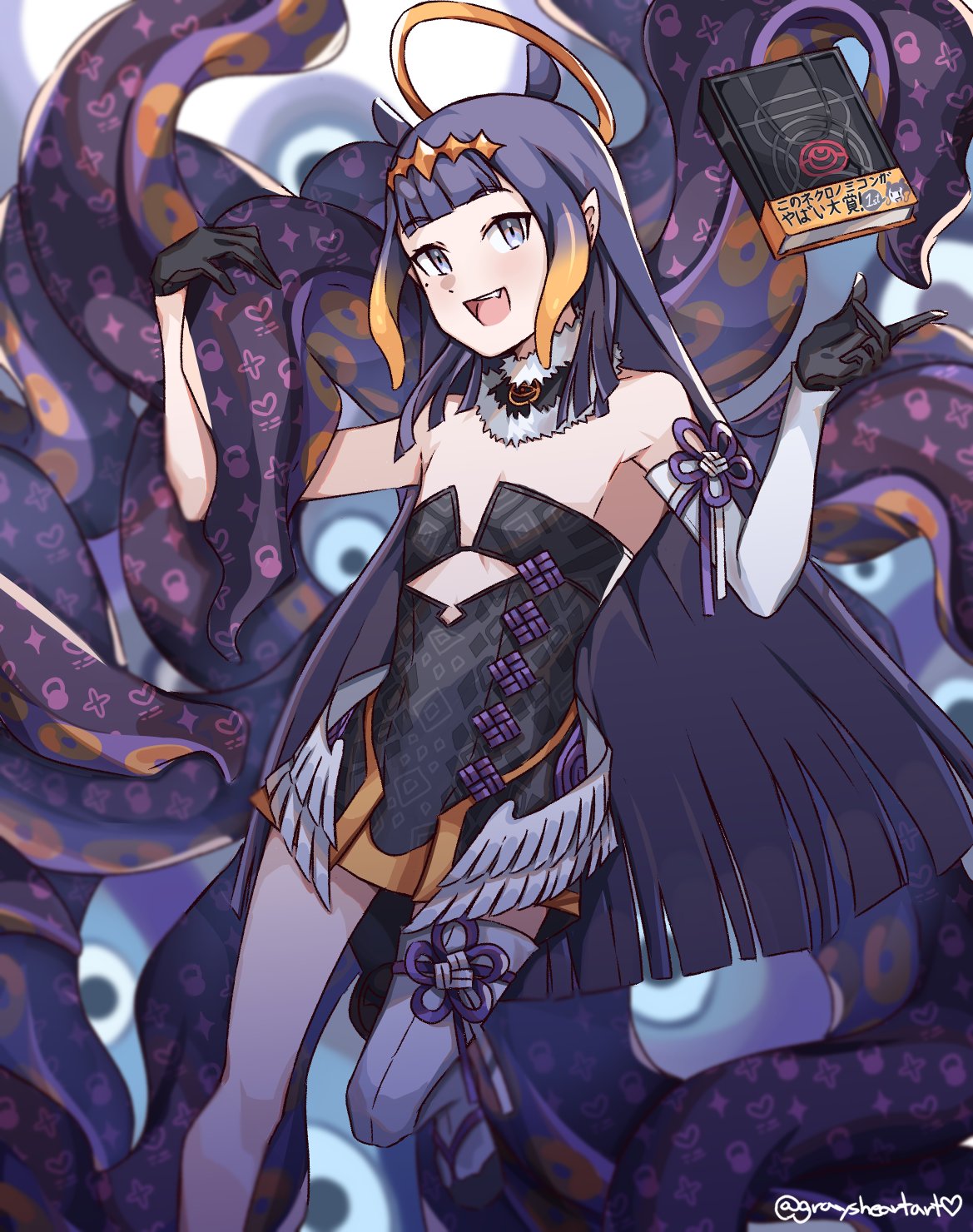 1girl, :d, bangs, bare_shoulders, black_dress, black_gloves, blunt_bangs, book