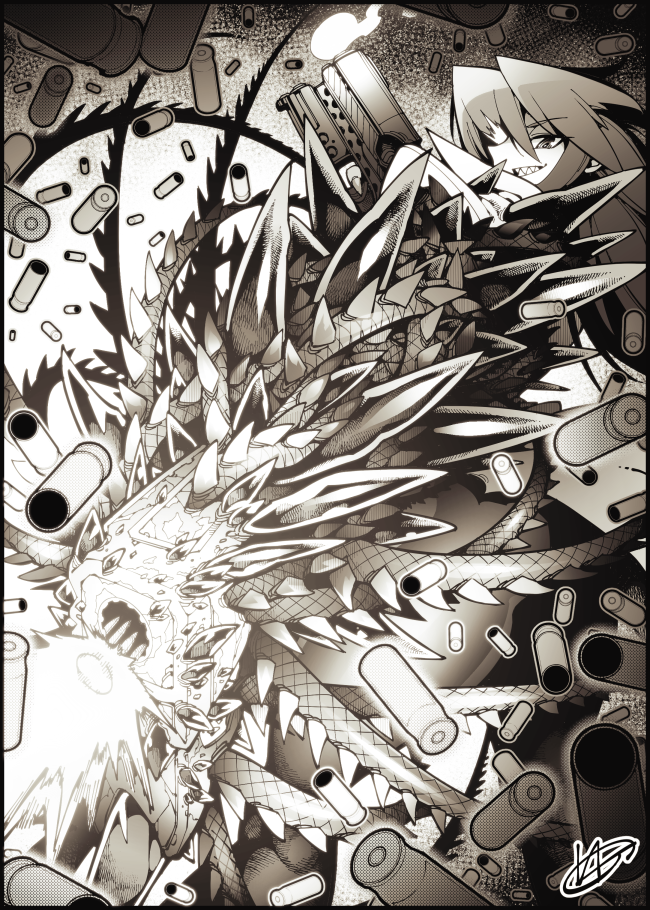 1girl, bajou_takurou, commission, crack, dual_wielding, firing, glowing, glowing_eye, greyscale, grin, gun, hair_between_eyes, hatching_(texture), holding, holding_gun, holding_weapon, long_hair, monochrome, original, sharp_teeth, shell_casing, signature, smile, solo, spikes, teeth, weapon